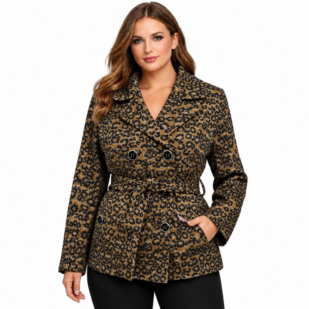 Free Spirit Double Breasted Trench Coat Size Large Leopard NWOT